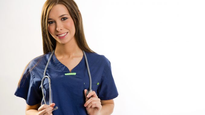 Vibrant Medical Nurse Holds Stethoscope Scrubs at Work